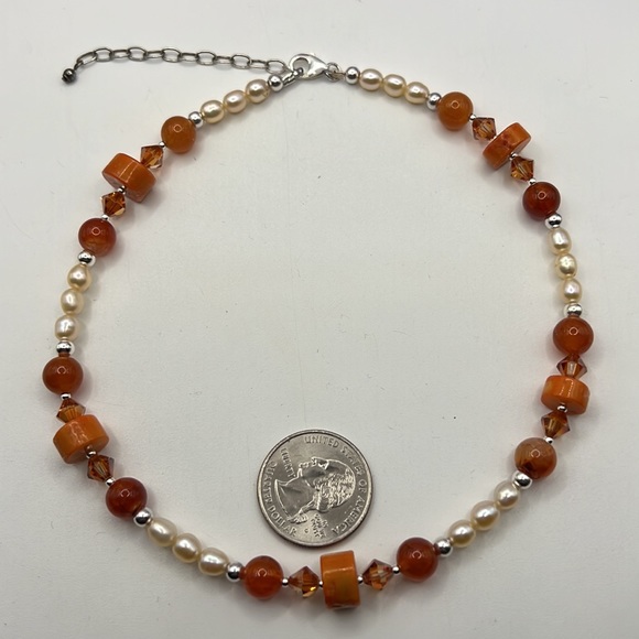 CORAL, FIRE AGATE, PEARL, CRYSTAL & STERLING SILVER ARTISAN CHOKER NECKLACE - Picture 10 of 11